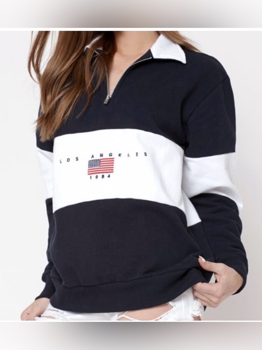 Brandy Melville Navy and White Colorblock Half-Zip Crew